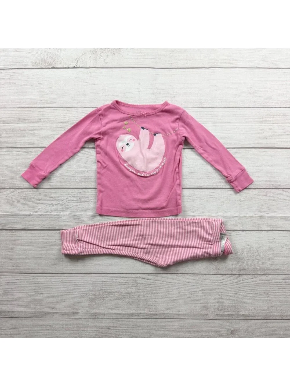 Carter's 2 Piece Pink Sloth Pajama Set Long Sleeve Top Striped Pants 2T